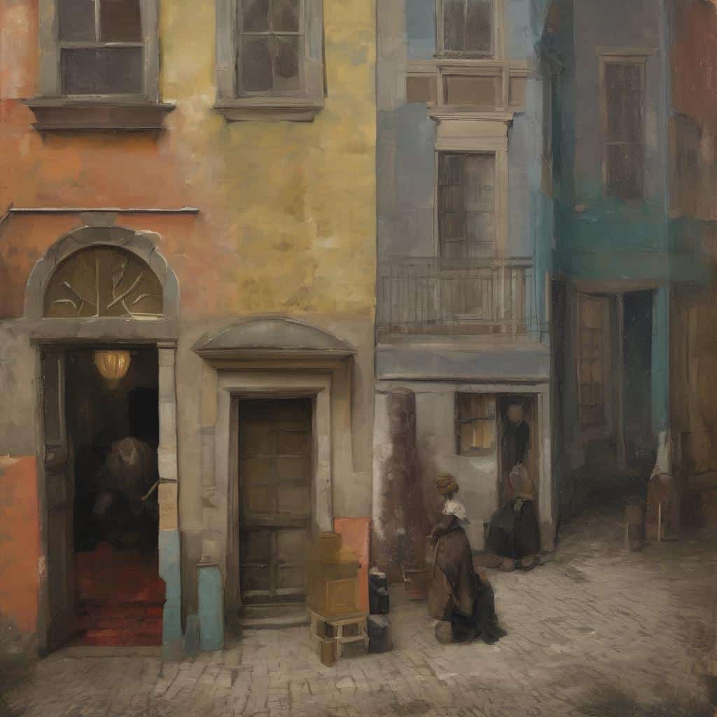 Συναισθηματική αστική τέχνη με ανθρώπους σε παλιά πολυκατοικία στην Ευρώπη.