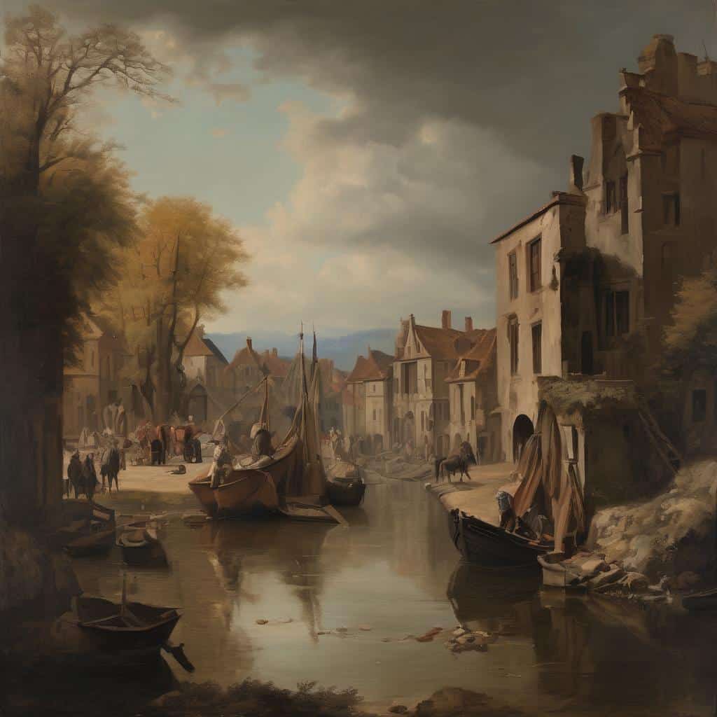 μοντέρνα τέχνη και σύγχρονοι καλλιτέχνες σε ρεαλιστικό πίνακα ισπανικής πόλης με κανάλι και καράβια.