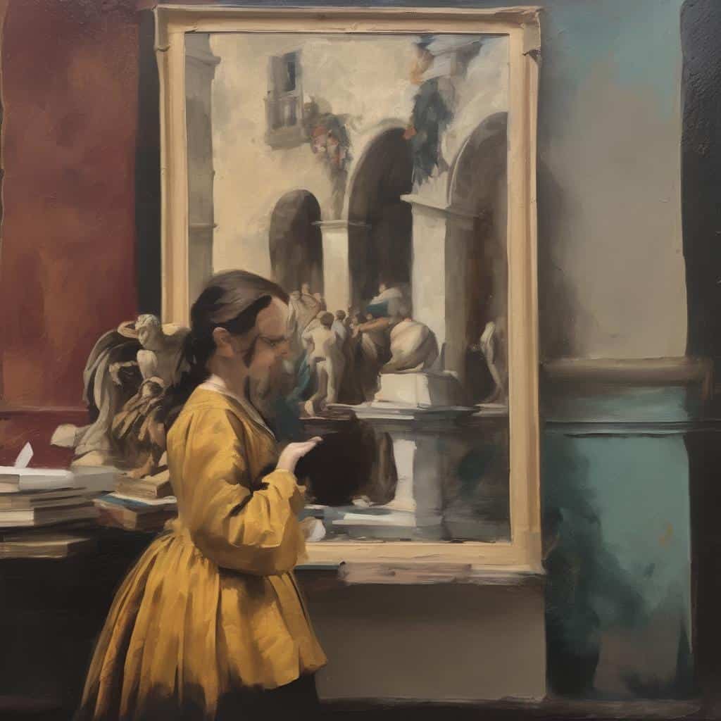 Αγόρι σε μουσείο παρακολουθεί πίνακα σύγχρονης τέχνης με ρεαλιστικό στυλ.