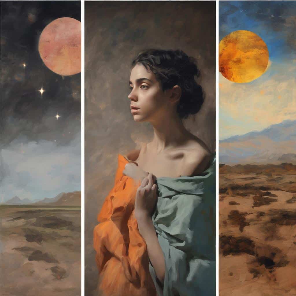 Σκηνή σύγχρονης τέχνης με πορτρέτο γυναίκας και εξωπλανητικά τοπία, αναδεικνύοντας καλλιτεχνική δημιουργία και σύγχρονη τέχνη.