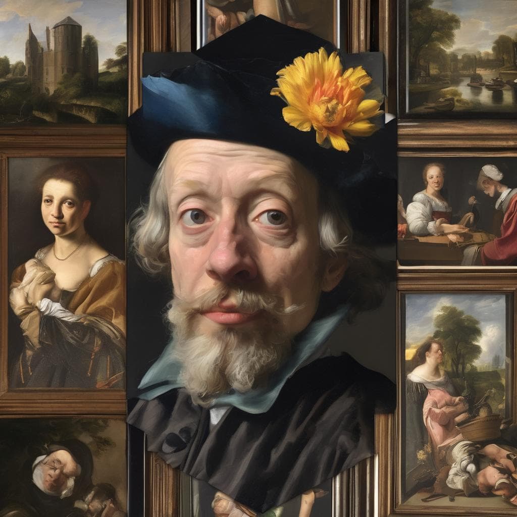 σοβαρός σύγχρονος καλλιτέχνης με πίνακες ζωγραφικής και προσωπογραφίες.